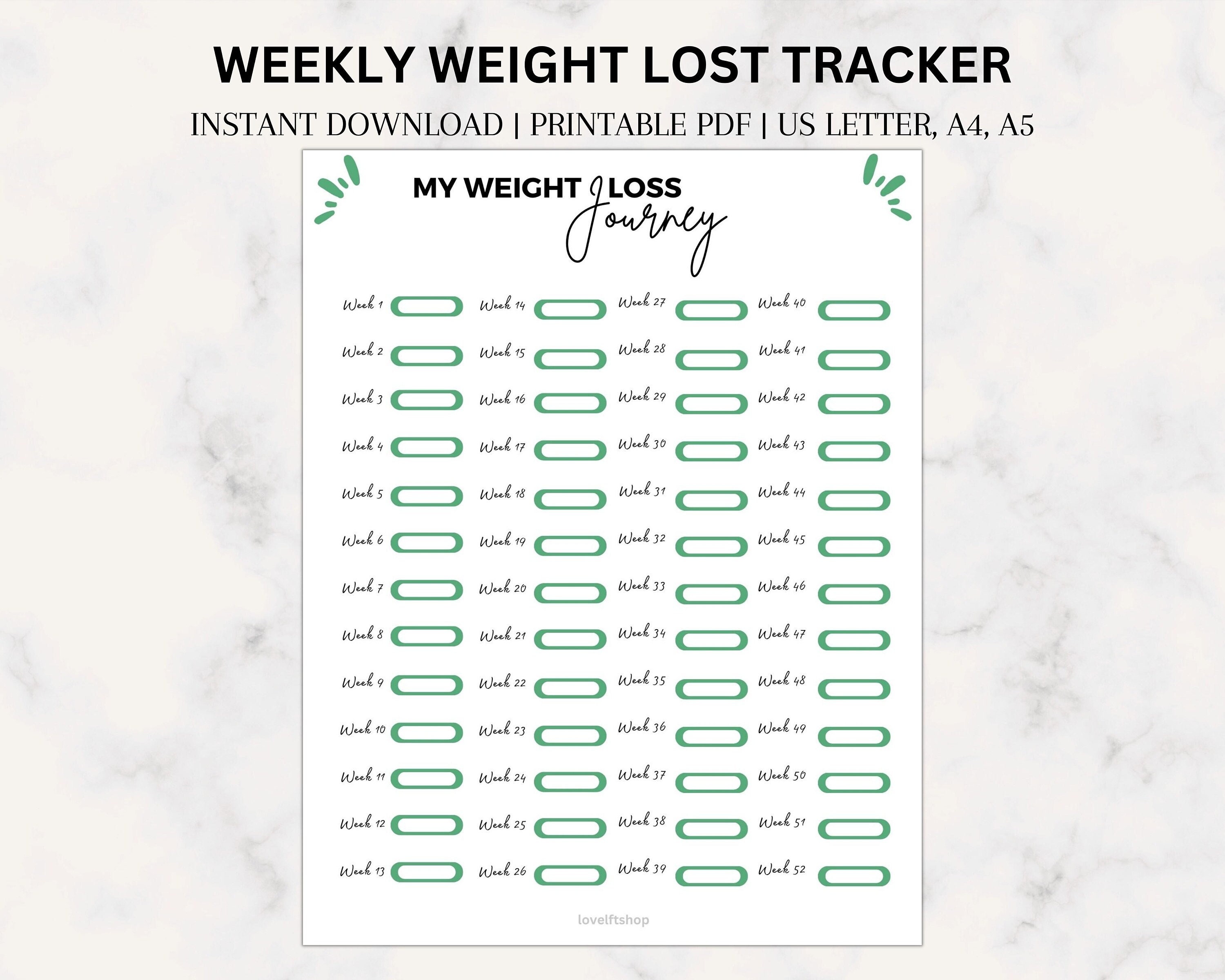 Weekly weigh in tracker printable 52 weeks weight loss weight loss