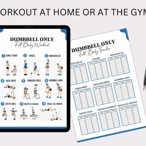 May include: A printable workout tracker for a dumbbell only full body workout. The tracker includes a list of exercises with illustrations and a table to track sets, reps, and rest time. The exercises include goblet squat, lunges, Romanian deadlifts, chest press, shoulder press, dumbbell row, bicep curls, tricep extensions, and single leg crunch.