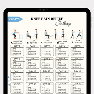May include: A digital tablet shows a 30-day knee pain relief challenge. The chart features illustrated exercises, including half squats and hamstring curls, with sets and durations for each day. The text reads "Knee Pain Relief Challenge".