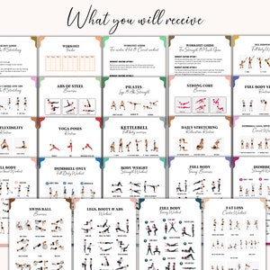 May include: A collection of 16 printable workout guides featuring different exercise routines. Each guide includes illustrations of various exercises, such as yoga poses, kettlebell workouts, and full-body stretches. The guides are organized by workout type, including abs of steel, pilates, strong core, daily flexibility, and more.