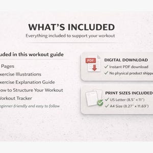 May include: A digital workout guide with the text "WHAT'S INCLUDED". The guide includes 4 pages, exercise illustrations, an explanation guide, workout structure instructions, and a tracker. It is available as a digital download in US Letter (8.5" x 11") and A4 sizes.