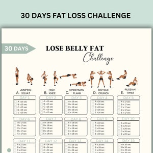 Puede incluir: Un plan de entrenamiento de 30 días para perder grasa del vientre con cinco ejercicios diferentes: sentadilla con salto, rodilla alta, plancha Spiderman, crunch de bicicleta y giro ruso. Cada ejercicio tiene una rutina diaria con intervalos de tiempo crecientes para cada día del desafío.