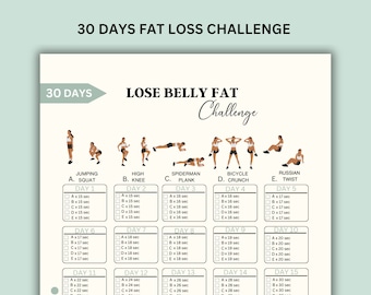 30 Day Lose Belly Fat Challenge,Flat Abs Challenge, Home Workout Planner, 30 Day Ab Challenge, Home Workout Challenge, Instant Download