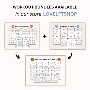 May include: Three workout bundles with different numbers of pages and different discounts. The bundles are labeled "Workout Bundle", "Workout Bundle II", and "Mega Workout Bundle".