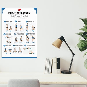 May include: A printable workout chart with illustrations of nine different dumbbell exercises. The chart is titled "Dumbbell Only Full Body Workout" and lists the exercises as: 1. Goblet Squat, 2. Lunges, 3. Romanian DL, 4. Chest Press, 5.  90-Deg.  Press, 6. Dumbbell Row, 7. Biceps Curls, 8. Triceps Extension, 9. Single Leg Crunch.