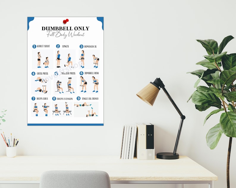 May include: A printable workout chart with illustrations of nine different dumbbell exercises. The chart is titled "Dumbbell Only Full Body Workout" and lists the exercises as: 1. Goblet Squat, 2. Lunges, 3. Romanian DL, 4. Chest Press, 5.  90-Deg.  Press, 6. Dumbbell Row, 7. Biceps Curls, 8. Triceps Extension, 9. Single Leg Crunch.