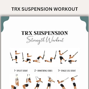 Peut inclure: Une affiche d'entraînement de force en suspension TRX avec des illustrations de différents exercices, notamment des squats divisés, des flexions des ischio-jambiers et des squats sur une seule jambe. L'affiche porte le texte "TRX Suspension Strength Workout" en haut.