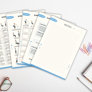 May include: Several white exercise plan sheets with blue detailing, illustrating a 30-day knee exercise program. A lined notepad, spiral-bound notebook, and colourful paperclips are also visible.