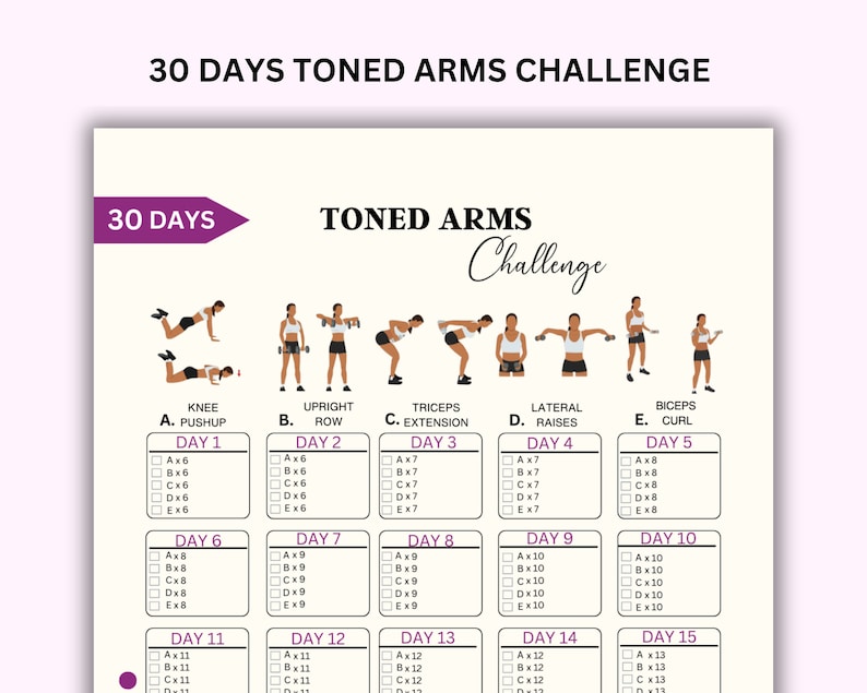 Pode incluir: Um plano de treino de 30 dias para bra&ccedil;os tonificados com cinco exerc&iacute;cios: flex&otilde;es de joelhos, remada vertical, extens&atilde;o de tr&iacute;ceps, eleva&ccedil;&otilde;es laterais e curl de b&iacute;ceps. Cada dia inclui um conjunto de repeti&ccedil;&otilde;es para cada exerc&iacute;cio.