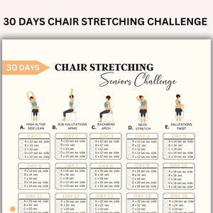 30 Days Chair Stretching Seniors Challenge, Chair Yoga Seniors, 30 Day Challenge, Product Fitness, Chair Yoga For Women, Desk Yoga, PDF