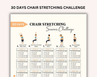 30 Days Chair Stretching Seniors Challenge, Chair Yoga Seniors, 30 Day Challenge, Product Fitness, Chair Yoga For Women, Desk Yoga, PDF