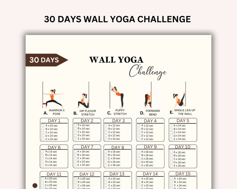 30 Day Wall Yoga Challenge, Wall Yoga, Quick Yoga Wall Exercise Guide, Wall Pilates, Wall workout guide, Workout Digital, Wall Fitness,PD image 1