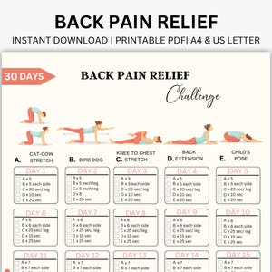 May include: A printable PDF chart for a 30-day back pain relief challenge. The beige chart features illustrations of exercises, including cat-cow stretch, bird dog, and child's pose. Text includes "Back Pain Relief" and "Instant Download".