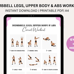 Puede incluir: Rutina de entrenamiento imprimible para piernas, parte superior del cuerpo y abdominales usando mancuernas. La rutina incluye seis ejercicios: sentadilla con press de hombros, swing de mancuernas, abdominales, estocadas con puñetazo, elevaciones de cadera y sentadilla con extensión de tríceps. El texto "GYM o HOGAR" está en un círculo rosa.