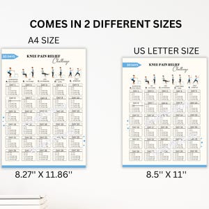 May include: Two exercise charts for a 30-day knee pain relief challenge. One chart is A4 size, measuring 21 x 30 cm, and the other is US Letter size, measuring 21.6 x 27.9 cm. Each chart features a series of exercises with illustrations and daily instructions. The text "Knee Pain Relief Challenge" is at the top.