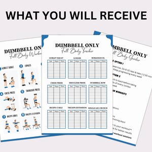 May include: A printable dumbbell workout tracker with a blue and white design. The tracker includes a list of exercises, sets, reps, and rest times. The exercises include goblet squat, lunges, chest press, shoulder press, bicep curls, tricep extensions, and single leg crunch.