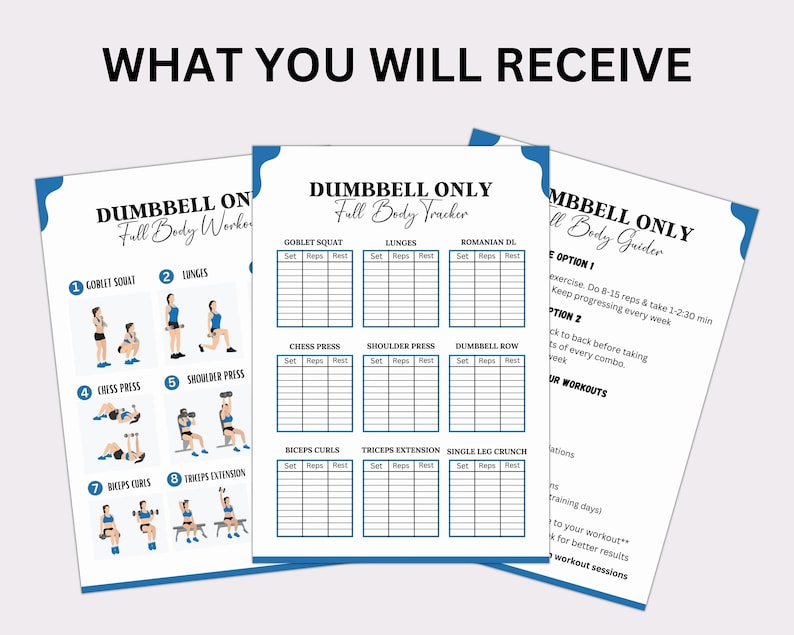 May include: A printable dumbbell workout tracker with a blue and white design. The tracker includes a list of exercises, sets, reps, and rest times. The exercises include goblet squat, lunges, chest press, shoulder press, bicep curls, tricep extensions, and single leg crunch.