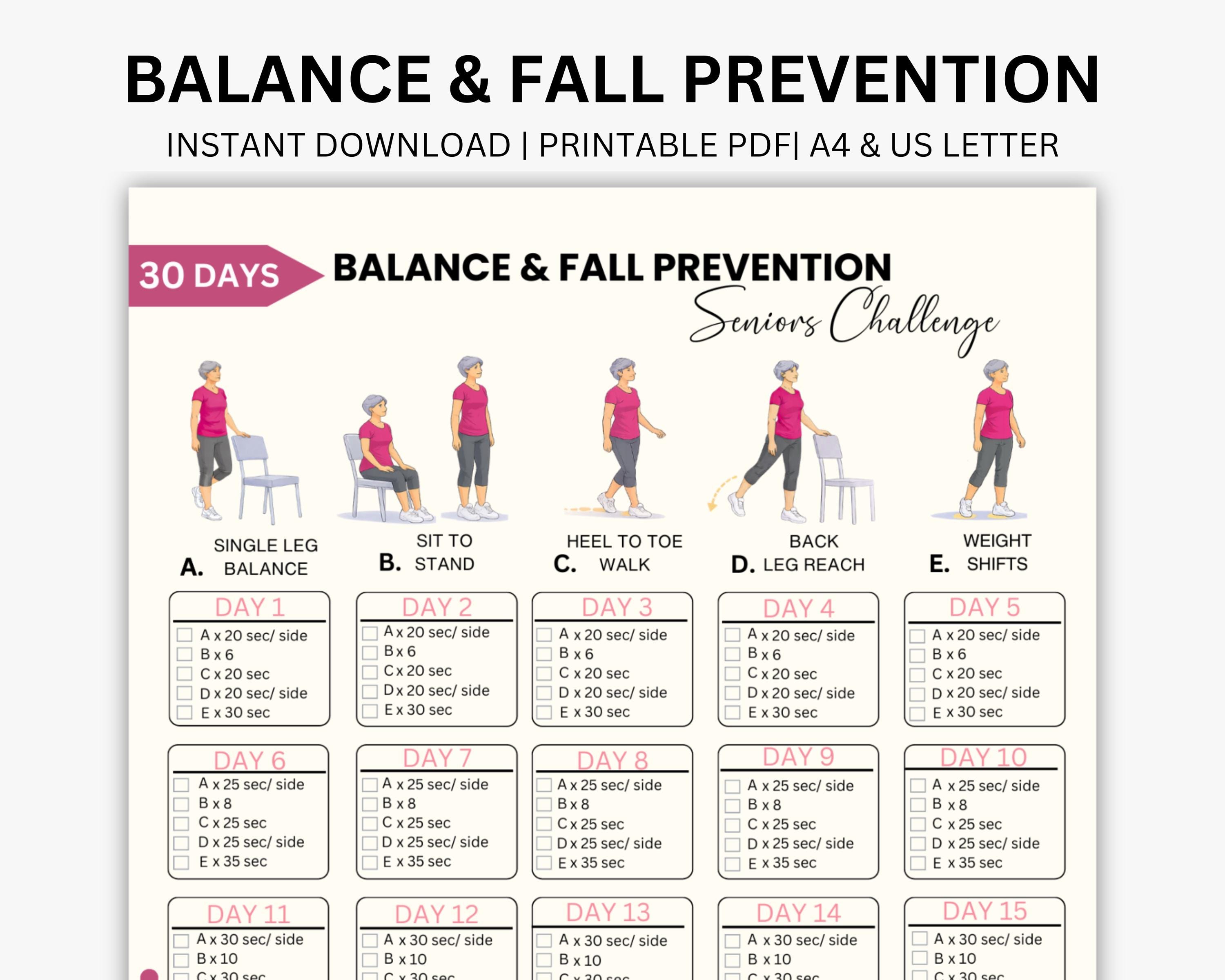 Fall Back Exercise Fall Prevention Balance Exercises for Seniors, Printable Chair ...