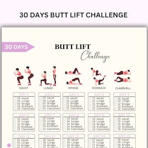 Desafío de 30 días para levantar los glúteos, ejercicio para los glúteos, entrenamiento en casa, entrenamiento imprimible, rastreador de actividad física, descarga digital, tamaño A4 y carta de EE. UU.