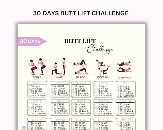 30 Day Butt Lift Challenge Booty Exercise Butt Workout Home Workout Printable Workout Fitness Tracker Digital Download A4 US Letter Etsy