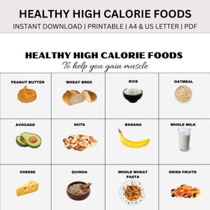Healthy High Calorie Foods Reference, Muscle Gain Food, Protein Rich Food Chart, Nutrition Guide, Keto Food List, Instant Download PDF