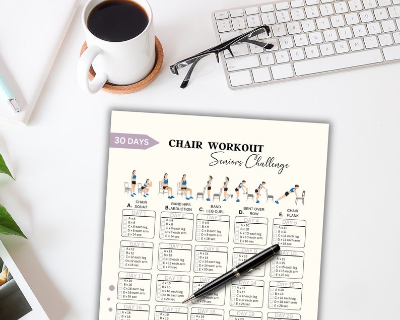 30 Day Chair Workout Seniors Challenge, Full Body Exercise Guide, Chair Workout Challenge, Workout Digital, Summer Body, PDF, A4 & US letter image 4
