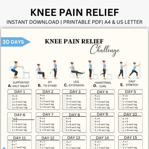 Op de afbeelding: Een afdrukbare PDF-kaart met de titel "Kniepijnverlichtingsuitdaging" met een 30-daags trainingsplan. De kaart bevat illustraties van oefeningen zoals half squats, beenverlengingen en kuitstrekkingen, met selectievakjes.
