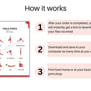 May include: Printable yoga poses routine poster with illustrations of a woman in different poses. The poster includes the text "YOGA POSES Routine". The poster is red and white with a white background and red borders. The poster is divided into three sections, each with a different pose. The first section shows the pose "Triangle", the second section shows the pose "Warrior 1", and the third section shows the pose "Easy Seat".