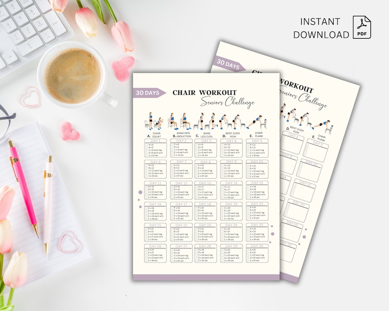 30 Day Chair Workout Seniors Challenge, Full Body Exercise Guide, Chair Workout Challenge, Workout Digital, Summer Body, PDF, A4 & US letter image 3