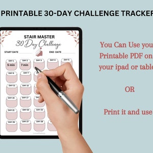 May include: Printable 30-day challenge tracker for a stair master workout. The tracker has a pink background with a calendar layout. The text "Stair Master 30 Day Challenge" is at the top of the tracker. The tracker has a start date and end date section. The first two days of the challenge are labeled "Day 1 - 5 min" and "Day 2 - 7 min".