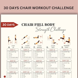 30 Day Full Body Chair Workout Challenge, Full Body Exercise Guide, Chair Workout Challenge, Workout Digital, Summer Body, PDF, A4 & US