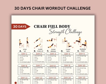 30 Day Full Body Chair Workout Challenge, Full Body Exercise Guide, Chair Workout Challenge, Workout Digital, Summer Body, PDF, A4 & US