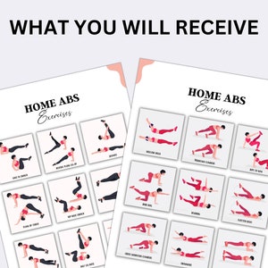 May include: Two printable workout posters with illustrations of different ab exercises. The posters are titled "Home Abs Exercises".