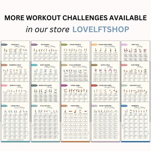 May include: A collage of 15 different 30-day workout challenge posters. Each poster features a different type of workout, such as Swiss ball, kettlebell, chair stretch, chair stretching, butt lift, dumbbell only, body weight, wall workout, office yoga, slim thigh, home fat loss, resistance band, toned arms, chair full body, lose belly fat, chair yoga, wall pilates, stretching, chair workout, and dumbbell. Each poster includes a list of exercises and a calendar to track progress.