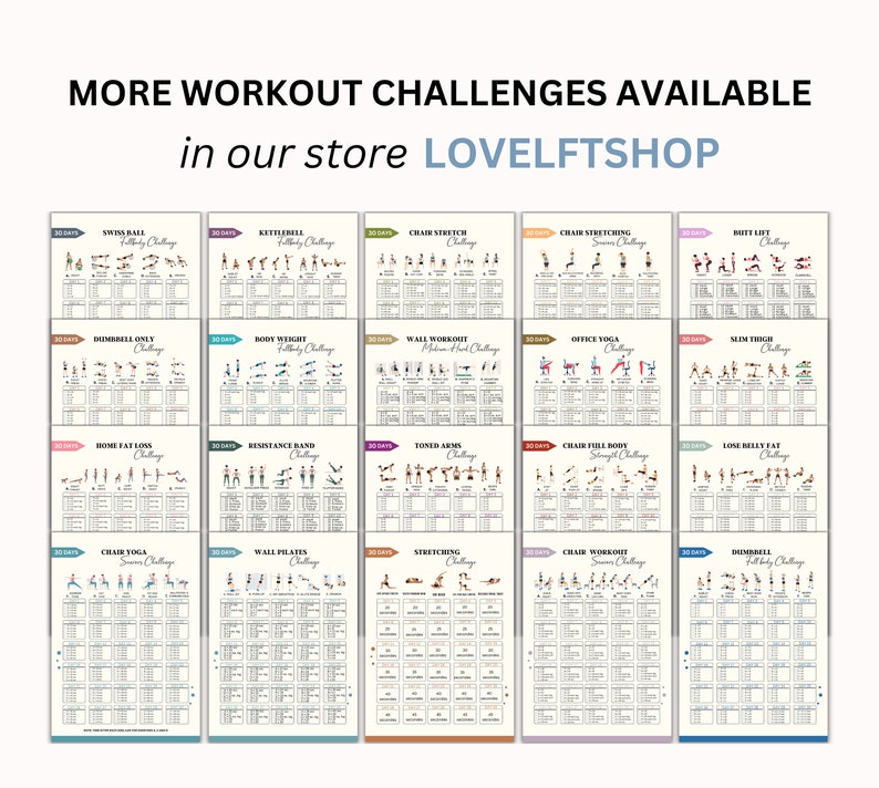 May include: A collage of 15 different 30-day workout challenge posters. Each poster features a different type of workout, such as Swiss ball, kettlebell, chair stretch, chair stretching, butt lift, dumbbell only, body weight, wall workout, office yoga, slim thigh, home fat loss, resistance band, toned arms, chair full body, lose belly fat, chair yoga, wall pilates, stretching, chair workout, and dumbbell. Each poster includes a list of exercises and a calendar to track progress.