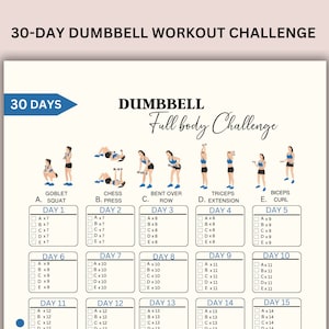 Desafio com halteres de 30 dias, treino em casa, exercícios com halteres para impressão, planejador de condicionamento físico, download digital, PDF para impressão, A4 e carta dos EUA