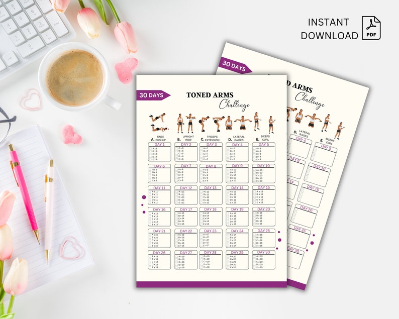 Pode incluir: Um plano de treino de 30 dias para bra&ccedil;os tonificados imprim&iacute;vel com um esquema de cores roxo e branco. O plano inclui uma lista de exerc&iacute;cios com imagens correspondentes e um cronograma di&aacute;rio.