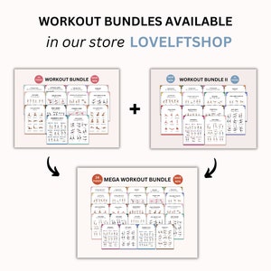 May include: Three workout bundles with different numbers of pages and different discounts. The bundles are labeled "Workout Bundle", "Workout Bundle II", and "Mega Workout Bundle".