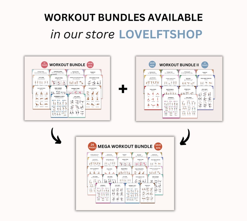 May include: Three workout bundles with different numbers of pages and different discounts. The bundles are labeled "Workout Bundle", "Workout Bundle II", and "Mega Workout Bundle".