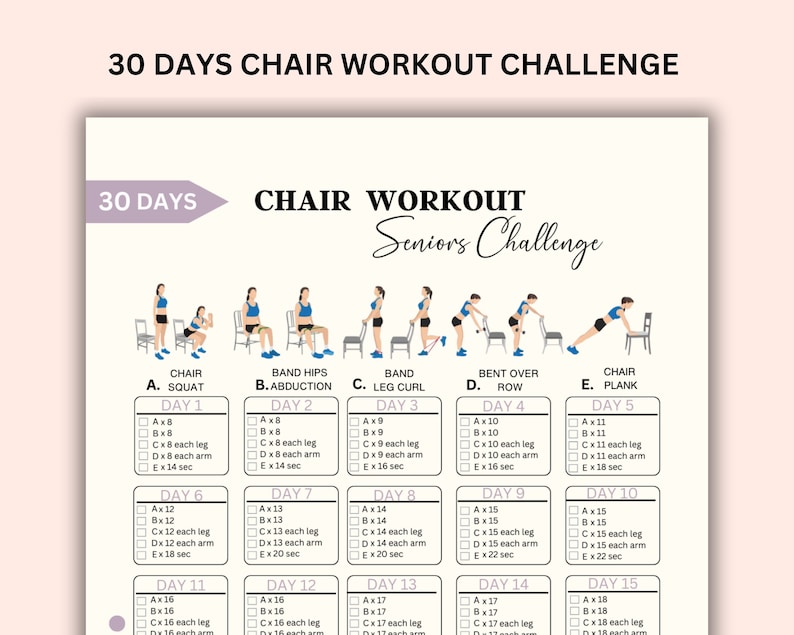 30 Day Chair Workout Seniors Challenge, Full Body Exercise Guide, Chair Workout Challenge, Workout Digital, Summer Body, PDF, A4 & US letter image 1