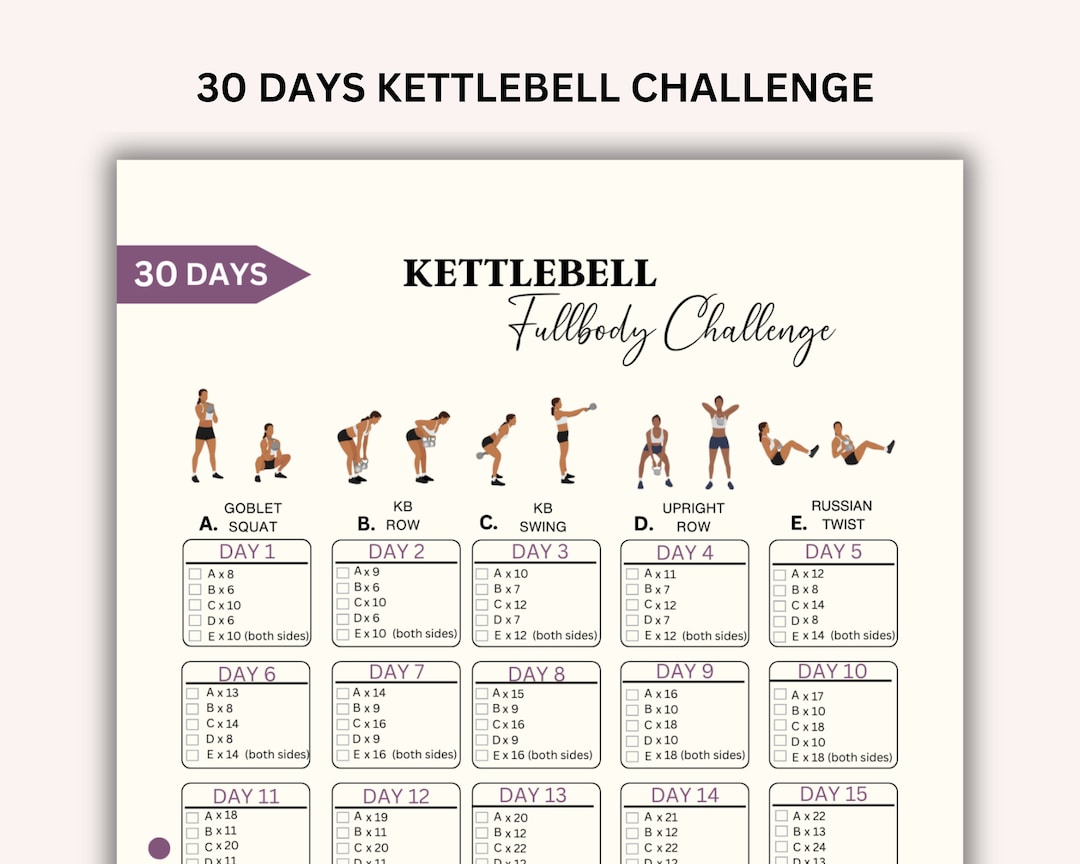 30 Day Kettlebell Challenge Printable Kettlebell Exercise Home Workout Challenge Weights Workout Guide Printable Workout A4 US Letter Etsy