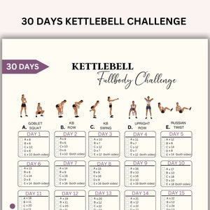 Desafío de 30 días con pesas rusas, ejercicio con pesas rusas imprimible, desafío de entrenamiento en casa, guía de entrenamiento con pesas, entrenamiento imprimible, tamaño A4 y carta de EE. UU.