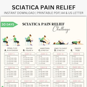 Könnte beinhalten: Eine druckbare PDF-Tabelle für eine 30-Tage-Challenge zur Linderung von Ischiasschmerzen. Die Tabelle enthält Übungsillustrationen mit täglichen Anweisungen. Der Titel lautet "Sciatica Pain Relief".
