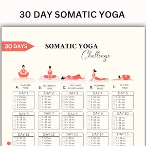 Desafío de ejercicios de yoga somático de 30 días, habilidades de afrontamiento de curación somática, terapia nerviosa, entrenamiento para aliviar el estrés, planificador de ejercicios imprimible en PDF