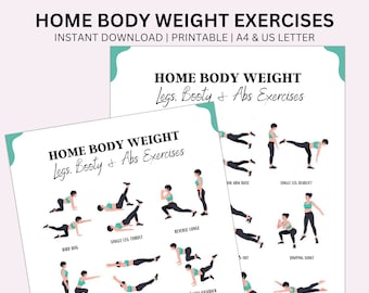 May include: Printable workout chart with illustrations of 10 different bodyweight exercises for legs, booty, and abs. The chart has a teal green background and white text. The exercises include: Bird Dog, Single Leg Thrust, Reverse Lunge, Calf Kickback, Ank Arm Raise, Single Leg Deadlift, Squat, Jumping Squat.