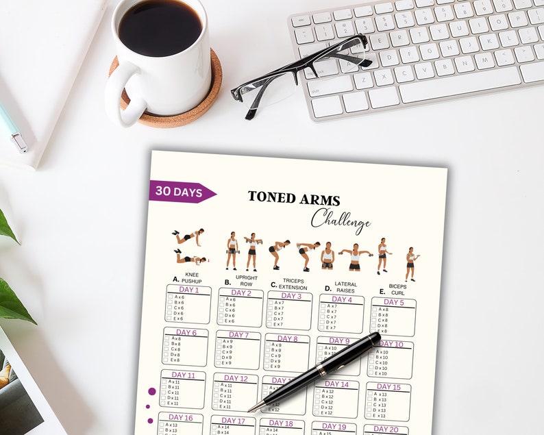 Pode incluir: Um gr&aacute;fico de treino imprim&iacute;vel de 30 dias para bra&ccedil;os tonificados com ilustra&ccedil;&otilde;es de diferentes exerc&iacute;cios. O gr&aacute;fico inclui cinco exerc&iacute;cios: flex&otilde;es de joelhos, remada em p&eacute;, extens&atilde;o de tr&iacute;ceps, eleva&ccedil;&otilde;es laterais e curl de b&iacute;ceps. Cada exerc&iacute;cio &eacute; atribu&iacute;do a um dia espec&iacute;fico do m&ecirc;s.