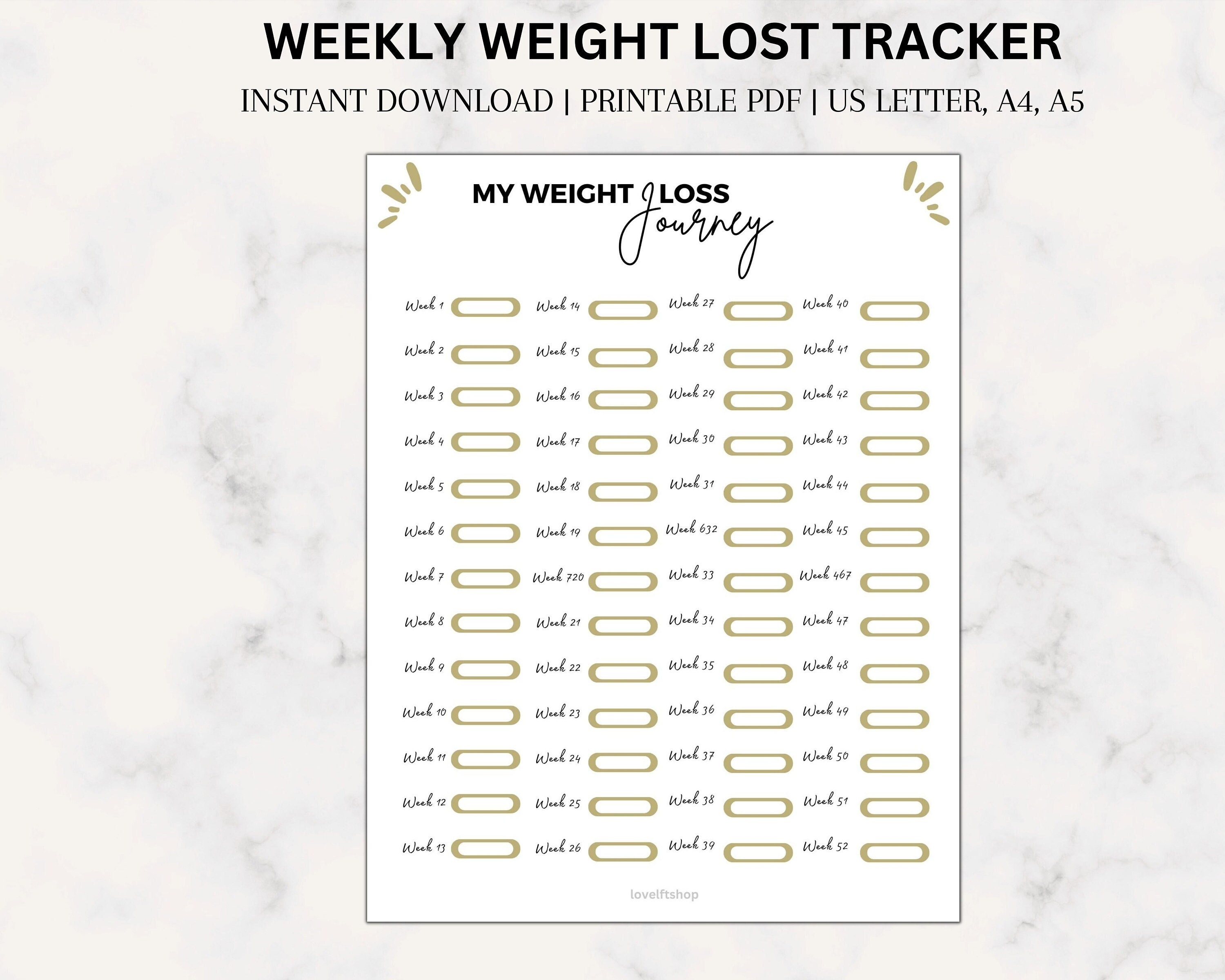 Weekly weigh in tracker printable 52 weeks countdown weight loss