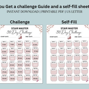 May include: Printable 30-day stair master challenge tracker with a pink and white color scheme. The tracker includes a start date, end date, and daily boxes for recording progress. The text "Stair Master 30 Day Challenge" is at the top of the tracker.