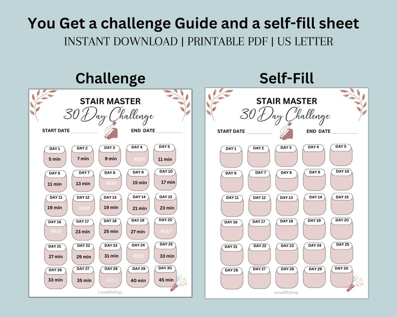 May include: Printable 30-day stair master challenge tracker with a pink and white color scheme. The tracker includes a start date, end date, and daily boxes for recording progress. The text "Stair Master 30 Day Challenge" is at the top of the tracker.