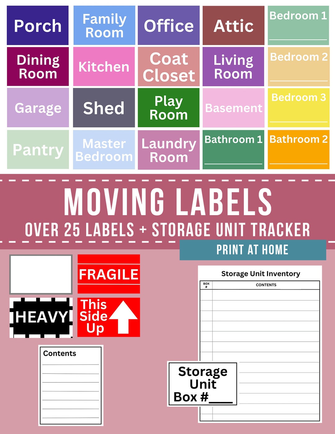 Printable Moving Labels Box Content Labels Storage Unit Organization
